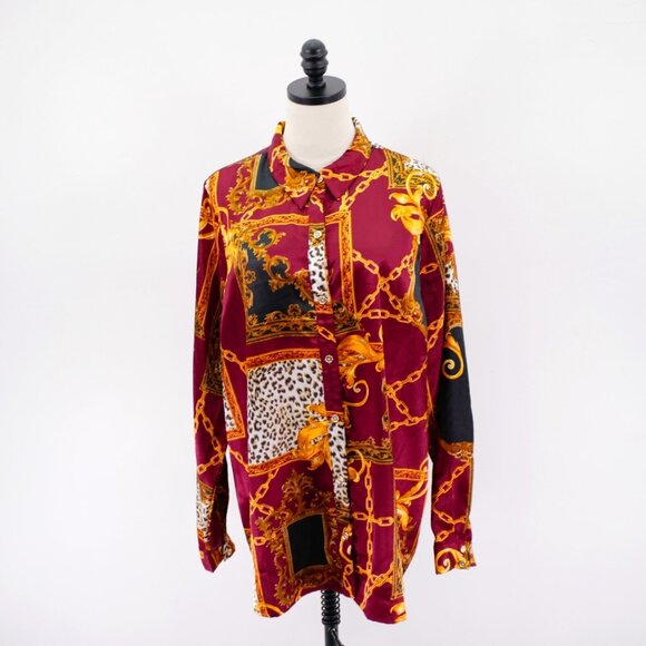 Guess XL Red Yellow Shiny Polyester Collared Button Front Top Shirt Baroque Long - Picture 1 of 9